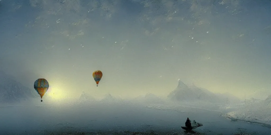 Prompt: Beautiful ice lake, snow, freezing, big zepelim in the sky, big air balloon in the sky, beautiful artwork detailed painting by Ivan Aivazovsky