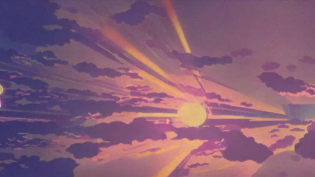 Image similar to volumetric iridescent light, anime film still from the an anime directed by katsuhiro otomo with art direction by salvador dali, wide lens