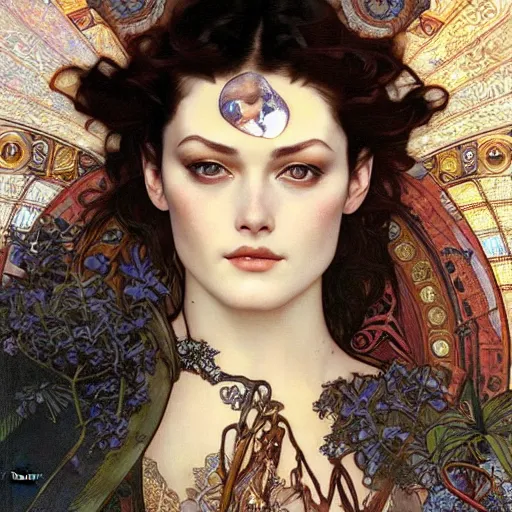 Prompt: realistic detailed face portrait of Shalom Harlow by Alphonse Mucha, Ayami Kojima, Amano, Charlie Bowater, Karol Bak, Greg Hildebrandt, Jean Delville, and Mark Brooks, Art Nouveau, Neo-Gothic, gothic, rich deep moody colors