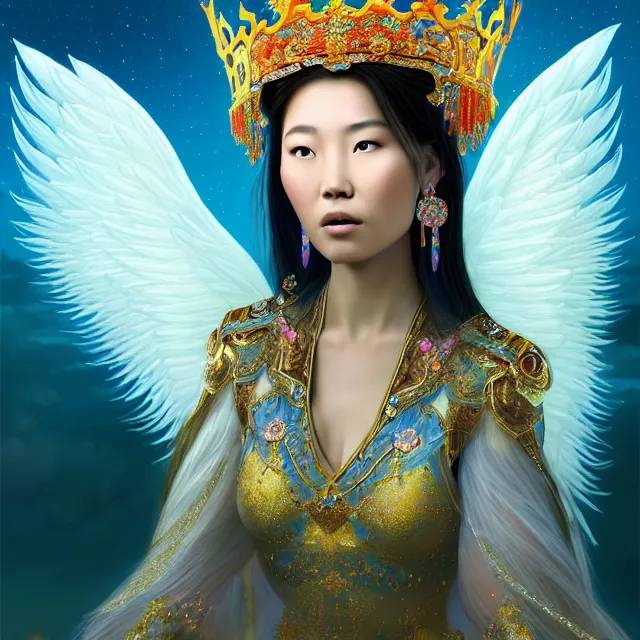 Prompt: beautiful 3 d render of an asian mongolian princess goddess with angelic wings in a sensual pose, princess wearing a crown with gemstones, near lake baikal, atmospheric lighting, painted, intricate, volumetric lighting, beautiful, rich deep colours masterpiece, sharp focus, ultra detailed, in the style of dan mumford and marc simonetti, astrophotography