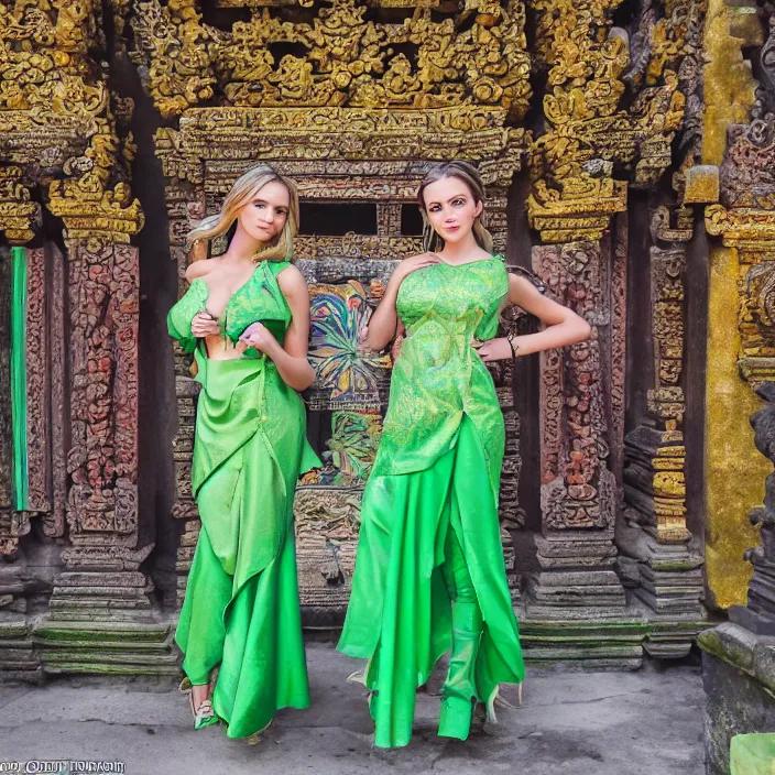 Image similar to portrait of lindsey pelas and emma watson wearing green kebaya in bali temple, by charlotte grimm, natural light, detailed face, canon eos c 3 0 0, ƒ 1. 8, 3 5 mm, 8 k, medium - format print, half body shot