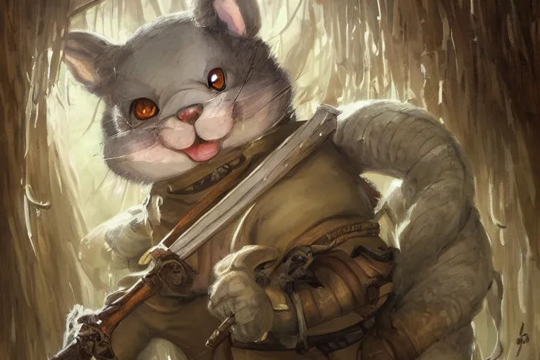 Image similar to dungeons and dragons fantasy painting, portrait of an ashigaru mouse with a rifle, whimsical and cute, determined expression, watery eyes, anime inspired by krenz cushart, light grey fur, tufty whiskers, bamboo forest, dawn lighting, by brian froud jessica rossier and greg rutkowski