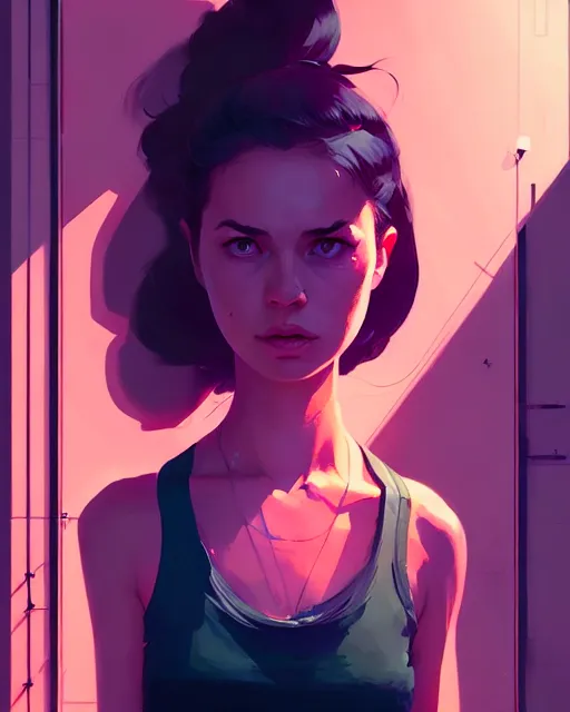 Image similar to neo - noir, hyper - realistic portrait of a girl in a tank top, intricate, 4 k, by atey ghailan, by greg rutkowski, by greg tocchini, by james gilleard, by joe fenton, by kaethe butcher, dynamic lighting, lighting color scheme, sharp focus, grunge aesthetic