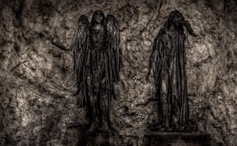 Image similar to decrepit creepy statue of the archangel gabriel staring at the camera, in the middle of a cavernous dark old catacomb, realistic, pitch black, depth of field, wide shot, sinister, bad lighting, foreboding, blurry, grainy photo