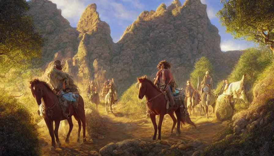 Image similar to weary travellers on horseback through a mountain path surrounded by giant statues of greek gods, soft lighting, pastel colors, ultra high detail, oil on canvas, HD, by Gilbert Williams, by Jeffrey Smith, by John Howe, by Michael Whelan