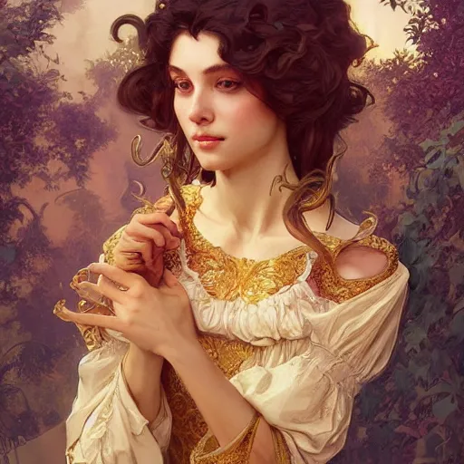 Prompt: a photograpic portrait of a pretty woman, rococo, gold, fantasy, intricate, elegant, highly detailed, digital painting, artstation, concept art, smooth, sharp focus, illustration, art by artgerm and greg rutkowski and alphonse mucha