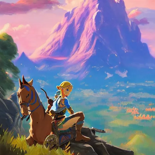 Prompt: oil painting of zelda breath of the wild, iconic mountain in the background. beautiful, rpg, dnd, artgerm, colorful, disney, pixar