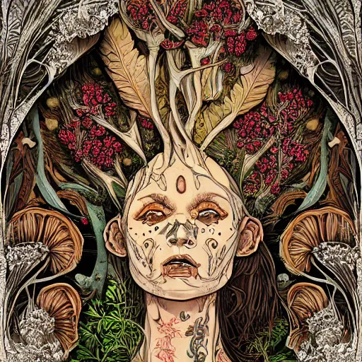 Image similar to a beautiful detailed front view portrait of a rotten woman corpse with fractal plants and fractal flowers and mushrooms growing around, intricate, symmetrical, ornate, ornamentation, illustration, in the style of art nouveau