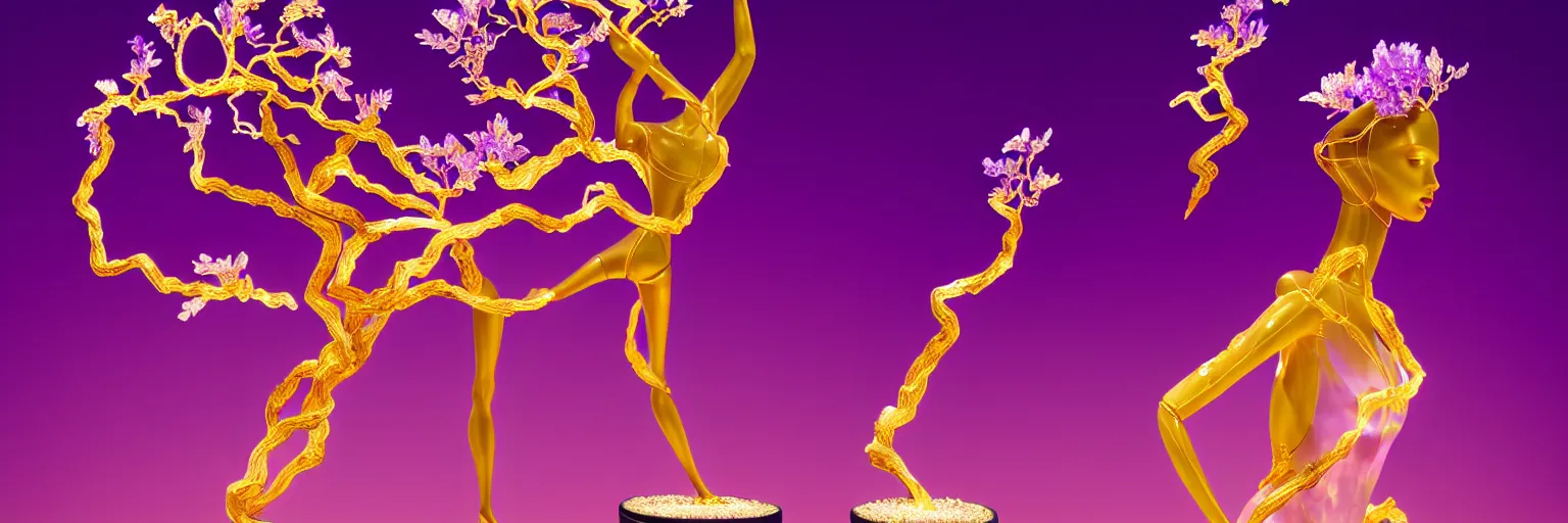 Image similar to beautiful mannequin sculpted out of amethyst by billelis + lit with geometric neon dripping gold + kintsugi, facing a doorway opening with neon pink geometric fractal light + flowering bonsai trees + lighting in background!!, transcendent, clean linework, dramatic, finely detailed, award winning, 4 k, trending on artstation, photorealistic, volumetric lighting, octane render