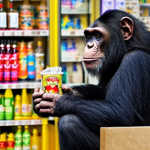 Image similar to a chimpanzee drinking beer in a corner shop