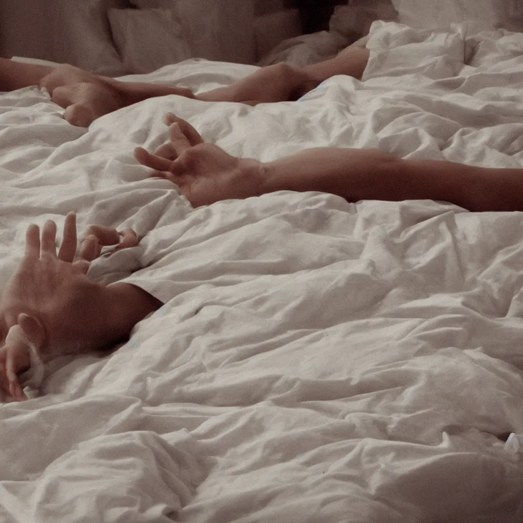 Image similar to close - up on the air - conditioning with water running on the white sheets of a girl's bed, hand of a teenager girl, ablurred, depth of field, unframed, by neo rauch, 8 k hyper realistic detailed cinematic still