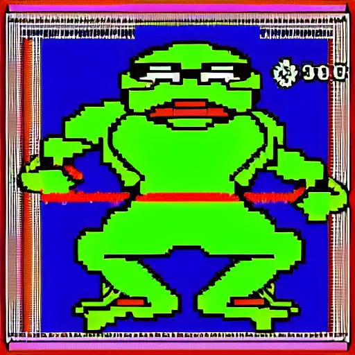 Image similar to extreme long shot, 8 bit nes graphics. antropomorphic muscular masculine pepe the frog. kickboxer fighter, in shorts. aggressive large head. art from nes game cartridge