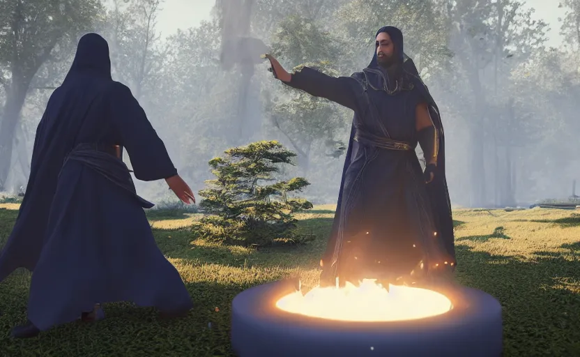 Prompt: male mage, black robe, blue fire circle in the background, war, unreal engine, ray tracing, 8k, realistic, universe