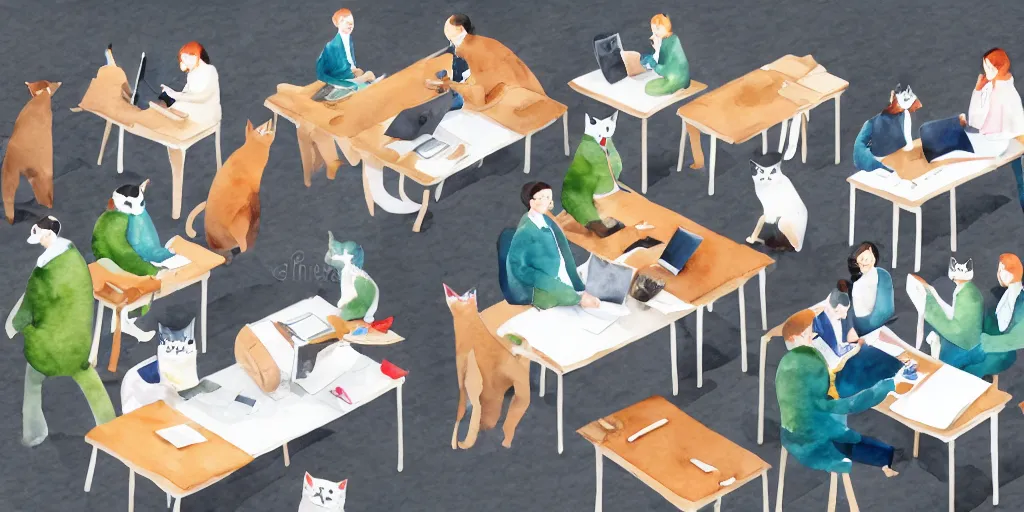 Prompt: watercolor illustration style, group of office workers cats in jackets select a different type of project before start design production, business, inspiring art