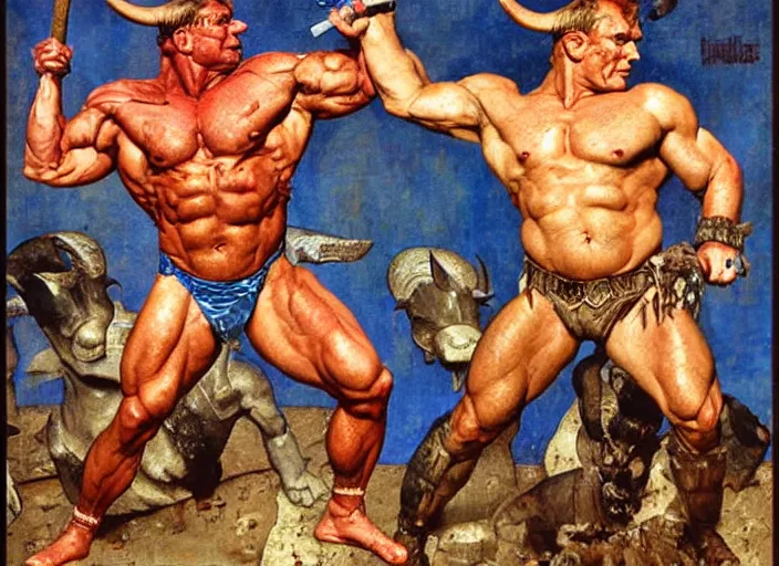 Prompt: full body portrait of dorian yates as the greek minotaur, dynamic action, by norman rockwell and jesper ejsing and tom lovell and frank schoonover