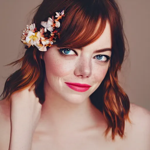 Image similar to emma stone with jewellary and flower crown, sensual, beautiful soft light failling on her face, studio photography, nikon 3 5 mm portrait photography, ultra realistic