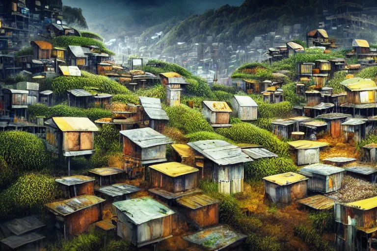 Image similar to simplicity, favela fungal beehive, streamlined environment, industrial factory, cheerful, award winning art, epic dreamlike fantasy landscape, ultra realistic,