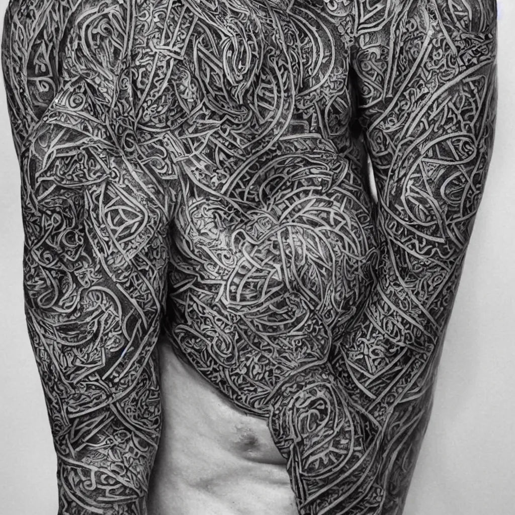 Prompt: photograph of a sleeve tattoo, black ink, intricate celtic pattern in the shape of a raven, highly - detailed, beautiful, award winning, 8 k