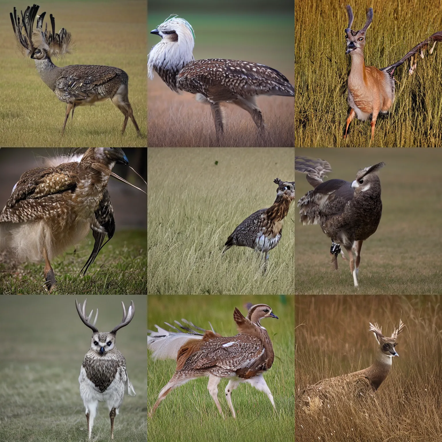 Prompt: a feathered deer with bird feathers as fur, owl feathers, nat geo, national geographic, photo, nature photography, f16, telephoto zoom, 100mm, wide shot, walking on grass, trending on artstation