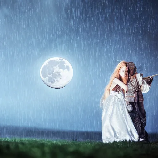 Image similar to rain, moon, knight and princess, realistic photography