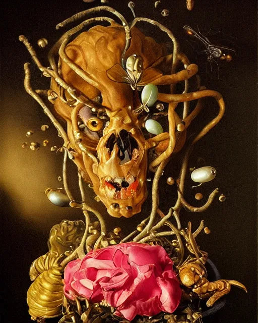 Image similar to refined gorgeous blended oil painting with black background by christian rex van minnen rachel ruysch dali todd schorr of a chiaroscuro portrait of an extremely bizarre disturbing mutated man made of still life flowers and rubber insects with shiny skin acne dutch golden age vanitas intense chiaroscuro cast shadows obscuring features dramatic lighting perfect symmetry perfect composition masterpiece