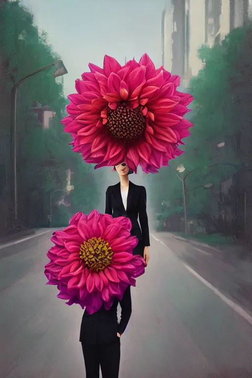 Image similar to giant dahlia flower head, frontal, girl in a suit, standing in street, surreal photography, sunrise, dramatic light, impressionist painting, digital painting, artstation, simon stalenhag