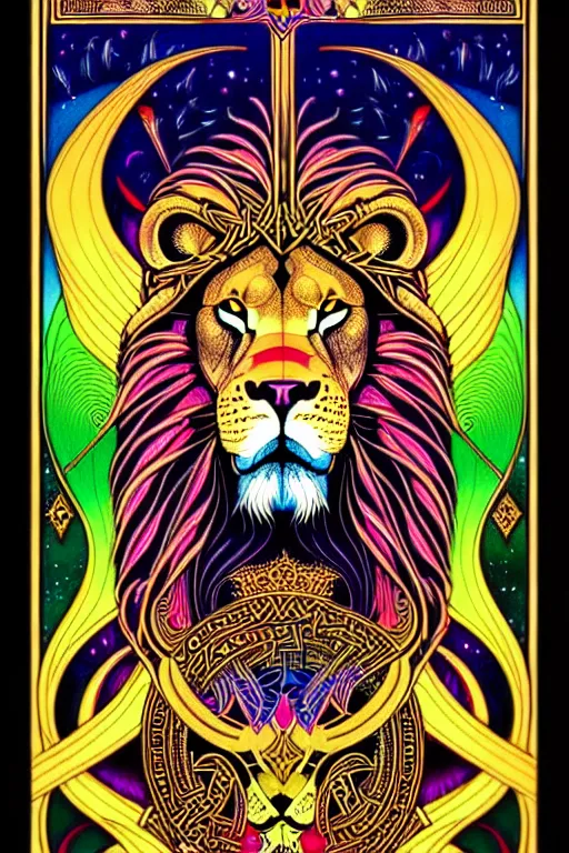 Image similar to beautiful and colorful fractal tarot card featuring an ornate, realistic, and regal viking lion by Dan Mumford, by Jim Fitzpatrick, by joe wilson, featured on deviant art, trending on artstation