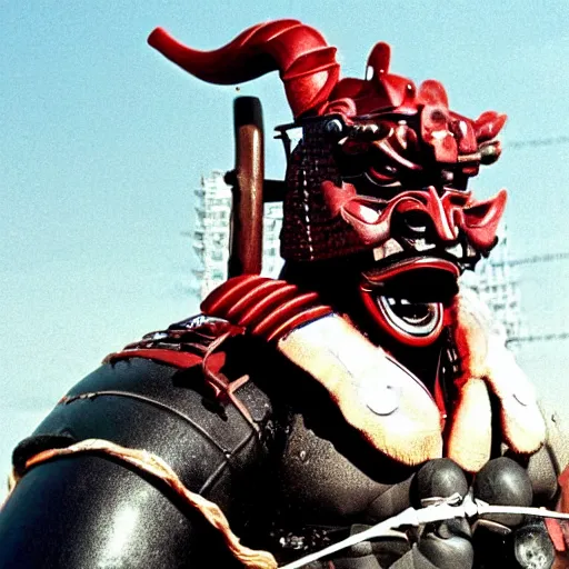 Image similar to fierce big muscular samurai wearing a cybernetic oni mask, accurate very wellmade movie still