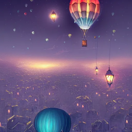 Image similar to a beautiful stunning fantasy whimsical matte digital illustration of a hot - air balloon race over a city at night by marc simonetti, pastel color palette, disney steampunk, chiaroscuro magical bokeh moon stars, trending on artstation hq, masterpiece