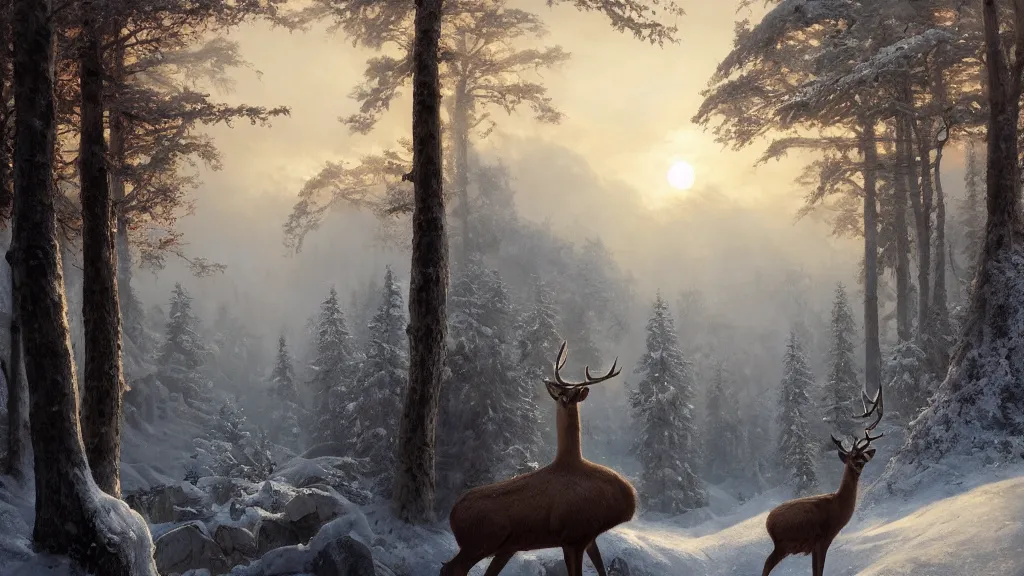 Image similar to the most beautiful panoramic landscape, oil painting, where a giant dreamy waterfall is frozen, the trees around have snow over their leafs, a majestic deer is in close - up and is exhaling steam, the ray lights of the sunrise are brightening him, by greg rutkowski