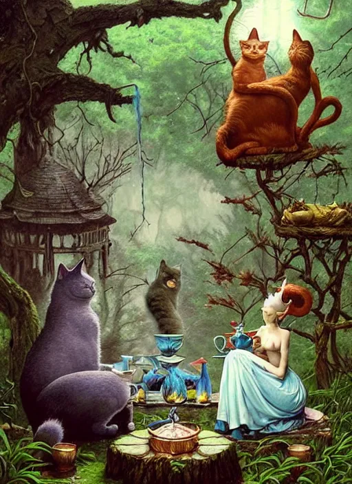 Image similar to cat having tea with a sorceress at a shrine in the woods by a stream, river gorgeous lighting, lush forest foliage blue sky a hyper realistic painting by chiara bautista and beksinski and norman rockwell and greg rutkowski weta studio, and lucasfilm