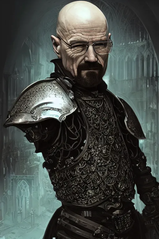Image similar to Walter white, European beautiful luxury and evil and victorian and gothic medieval white armor knight portrait, front face, ultradetail face, ruined gothic cathedral, dynamic lighting, neon light, art and illustration by tian zi and craig mullins and WLOP and alphonse mucha, ssci-fi, fantasy, intricate complexity, human structure, hypermaximalist, fantasy character concept, dynamic lighting, shafts of golden light, f/1.2, hyperrealism 8k