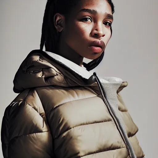 Image similar to realistic photoshooting for a new balenciaga lookbook, color film photography, portrait of a beautiful woman, woman is wearing a puffer jacket, in style of Tyler Mitchell, 35mm,