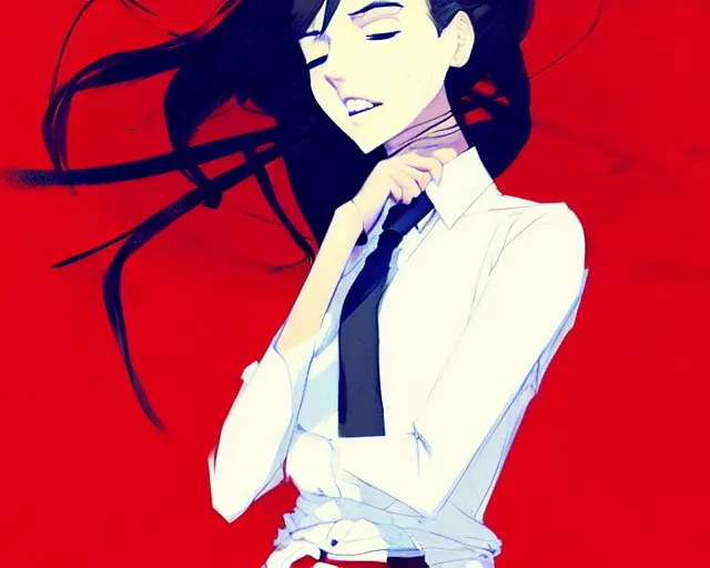 Image similar to a ultradetailed full body portrait of a woman dressed in a white shirt with a tie, by conrad roset, greg rutkowski and makoto shinkai trending on artstation