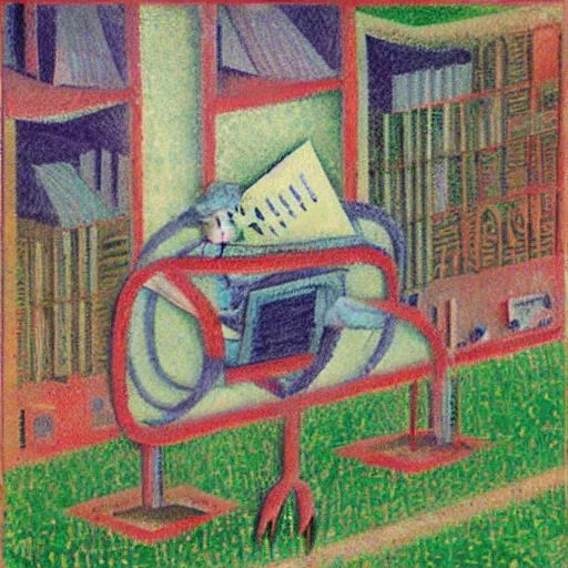 Prompt: A robot reading a book in a park, birdsview, birds; in the style of Umberto Boccioni