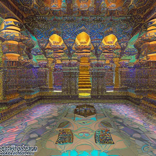 Image similar to 3d Fractal hindu temple mosque interior, dmt, shiny