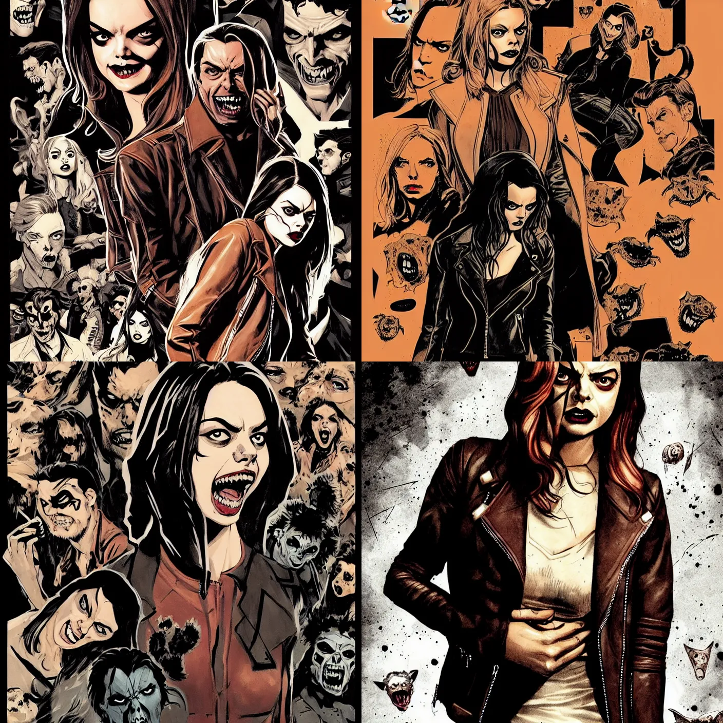 Prompt: in the style of Rafael Albuquerque comicbook cover art, Samara Weaving vampire, sharp teeth grin, perfect Symmetrical face, sarcastic, brown leather jacket, surrounded by creatures