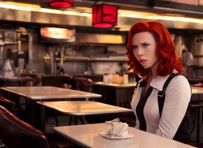 Image similar to Black Widow working as a waitress in a diner in the new avengers movie, 4k