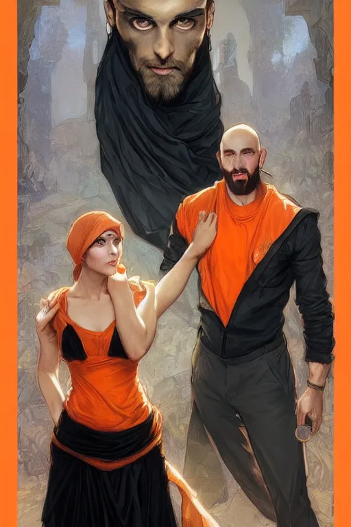 Image similar to bearded young man wearing orange t - shirt and tinfoil hat fastens zipper on beautiful black dress of his spouse before going to exquisite gala art by artgerm and greg rutkowski and charlie bowater and magali villeneuve and alphonse mucha