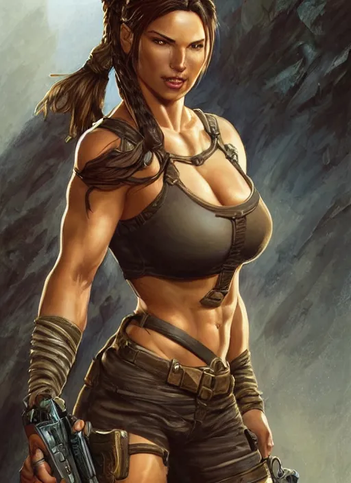 Image similar to muscled Lara Croft grinning as a ruggedly handsome heroine, intricate, elegant, highly detailed, centered, artstation, concept art, smooth, sharp focus, illustration, bokeh art by artgerm and donato giancola and Joseph Christian Leyendecker, WLOP