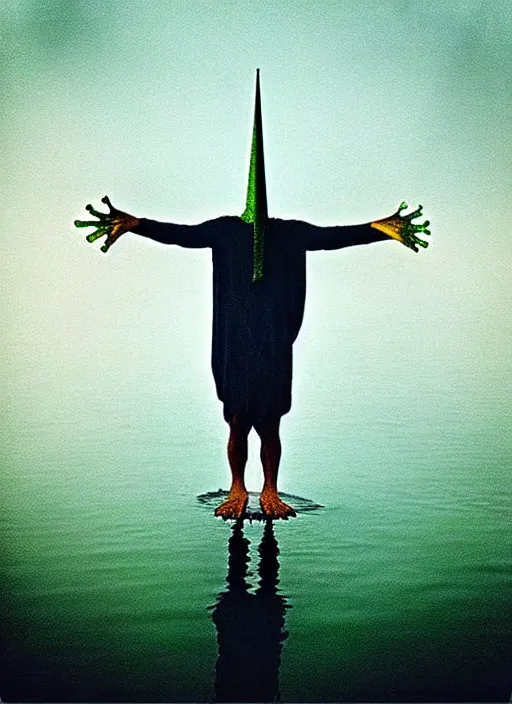 Image similar to “frog unicorn vertically hovering above misty lake waters in jesus christ pose, low angle, long cinematic shot by Andrei Tarkovsky, paranormal, eerie, mystical”