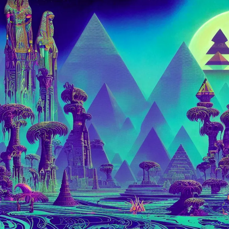 Image similar to mysterious egyptian dieties hovering over mystical crystal temple, infinite fractal waves, synthwave, bright neon colors, highly detailed, cinematic, eyvind earle, tim white, philippe druillet, roger dean, ernst haeckel, lisa frank, aubrey beardsley, stanley kubrick