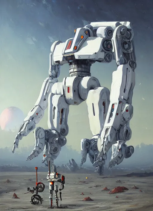 Image similar to an intricate oil painting of a giant pristine white android jagged mech robot with rounded components and tarpaulin cloak by simon stalenhag, inspired by nier : automata, clean white lab background