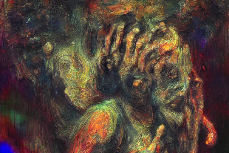 Image similar to painting of a monster in the style of trevor henderson and james ensor goya, liminal space, 3 d render, glitch effect