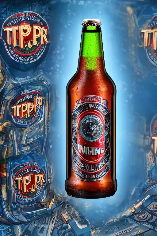 Image similar to advertise photo of a beer bottle, beer is called tripmachine, realistic digital art, label on the bottle is printed with a 3 d render of a huge futuristic steampunk generator, 8 k, fluorescent colors, halluzinogenic, multicolored, exaggerated detailed, unreal engine