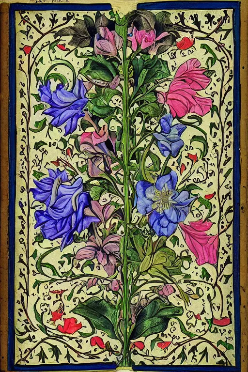Prompt: vaporwave botanical medieval illuminated manuscript