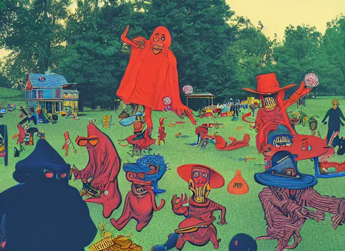 Image similar to dramatic color photo of dadcore occult wizards on vacation at pedroland park by basil wolverton by robert crumb by william eggleston by annie leibovitz, detailed and creepy, fujifilm velvia 5 0, color photography, sigma 2 8 mm