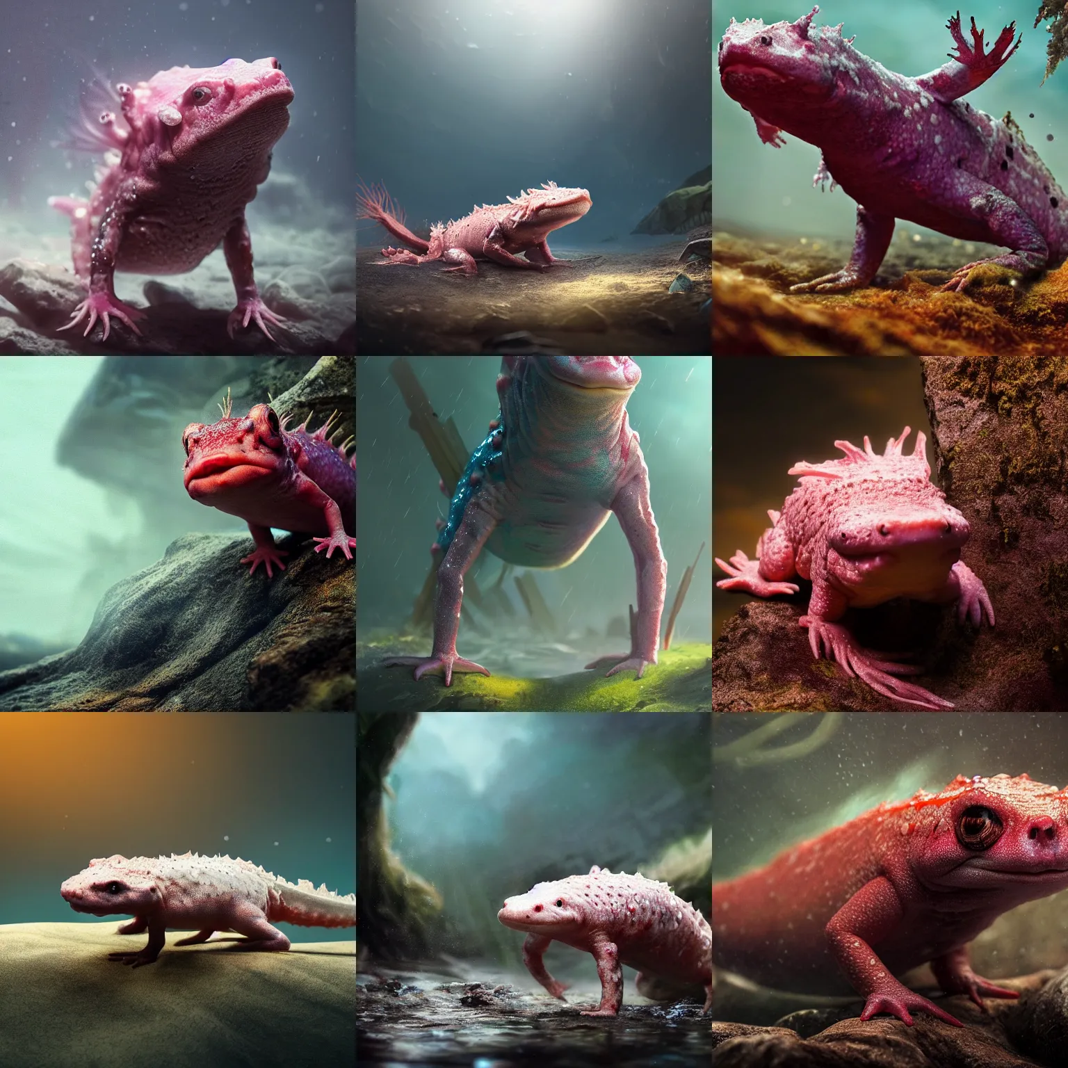 Prompt: a closeup shot of an axolotl amphibian creature standing triumphantly against the nature, dramatic lighting, cinematic, extremly high detail, photorealistic, cinematic lighting, artstation, DSLR, Nikon