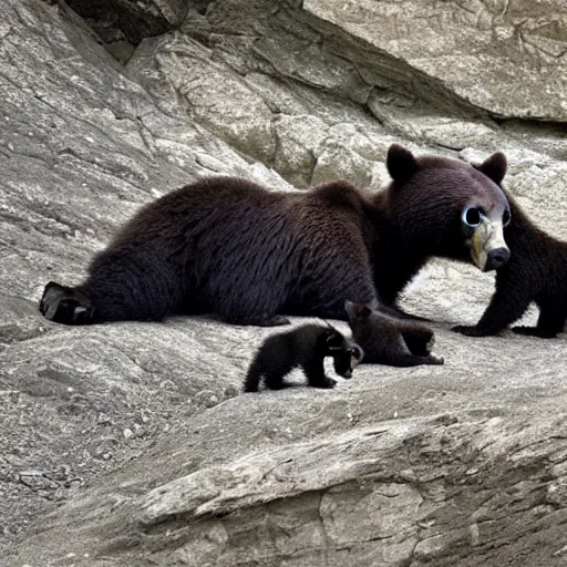 Prompt: a mother bear and her cubs sleeping in a dark cave