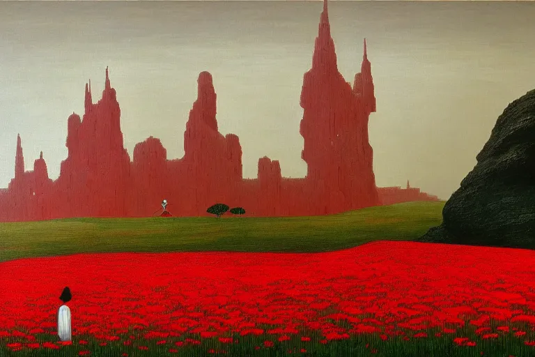 Image similar to only with red, a red expanse of flowers of different types, castle in background, goblin dance over the flowers, in the style of beksinski, parts by edward hopper, parts by rodcenko, parts by yue minjun, intricate and epic composition, red by caravaggio, insanely quality, highly detailed, masterpiece, red light, artstation, 4 k